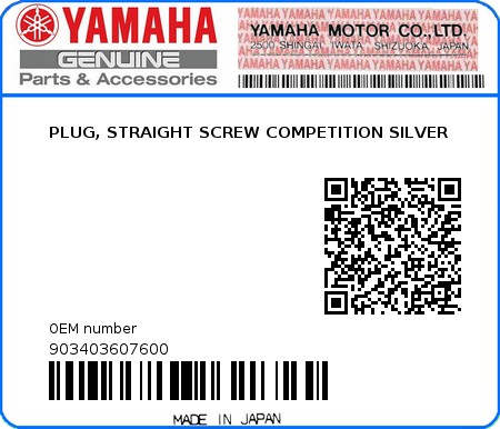 Product image: Yamaha - 903403607600 - PLUG, STRAIGHT SCREW COMPETITION SILVER   0