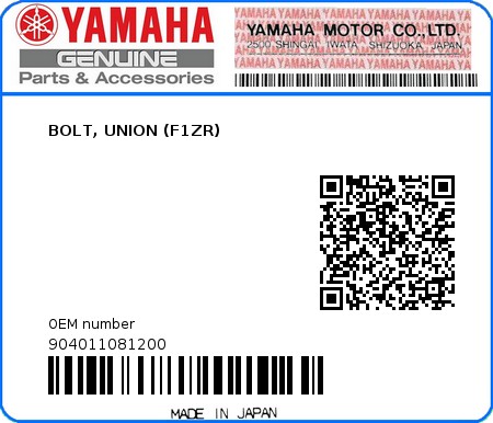 Product image: Yamaha - 904011081200 - BOLT, UNION (F1ZR)  0