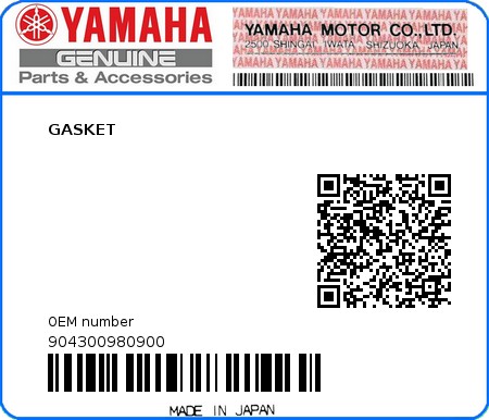 Product image: Yamaha - 904300980900 - GASKET  0