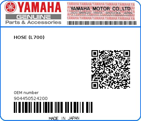 Product image: Yamaha - 904450524200 - HOSE (L700)  0