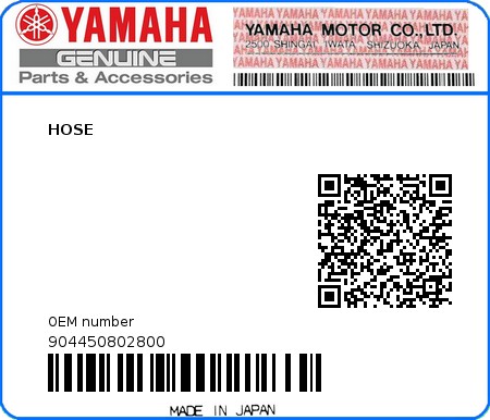 Product image: Yamaha - 904450802800 - HOSE  0