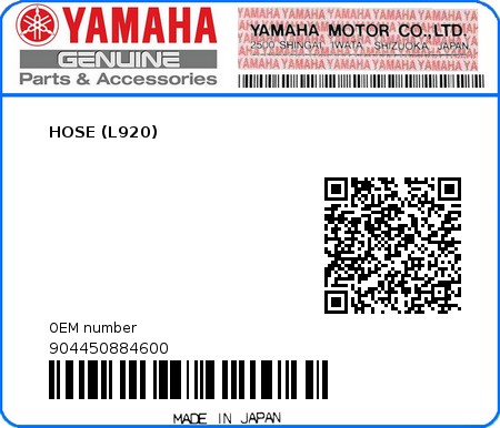 Product image: Yamaha - 904450884600 - HOSE (L920)  0
