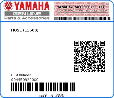 Product image: Yamaha - 904450922000 - HOSE (L1500)  0