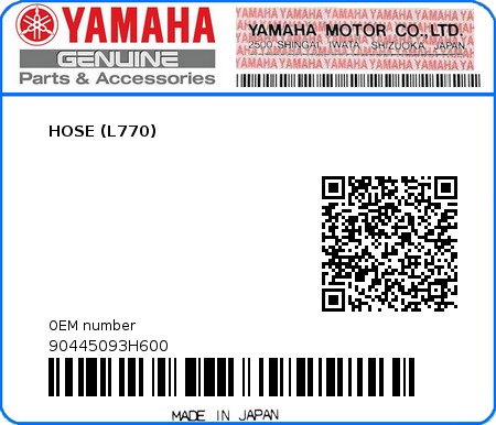 Product image: Yamaha - 90445093H600 - HOSE (L770)  0