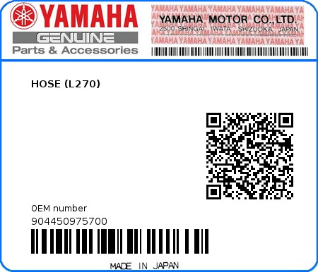 Product image: Yamaha - 904450975700 - HOSE (L270)  0
