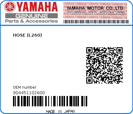 Product image: Yamaha - 904451102600 - HOSE (L260)  0