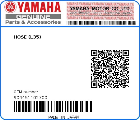 Product image: Yamaha - 904451102700 - HOSE (L35)  0