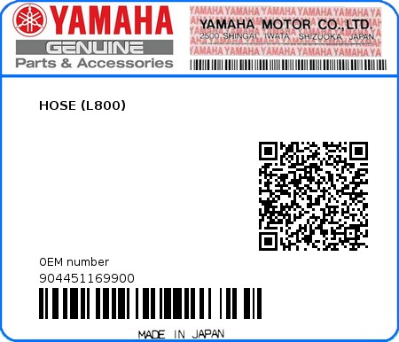 Product image: Yamaha - 904451169900 - HOSE (L800)  0