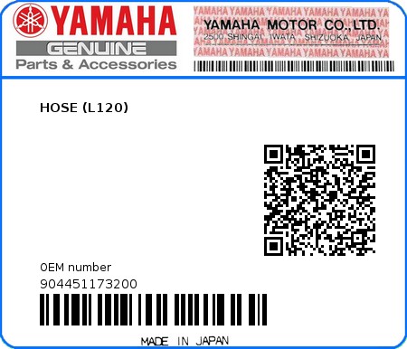 Product image: Yamaha - 904451173200 - HOSE (L120)  0