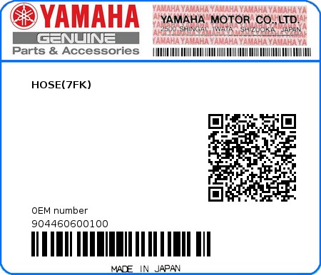 Product image: Yamaha - 904460600100 - HOSE(7FK)  0