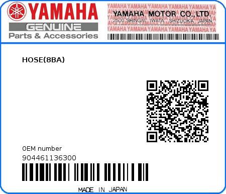 Product image: Yamaha - 904461136300 - HOSE(8BA)  0