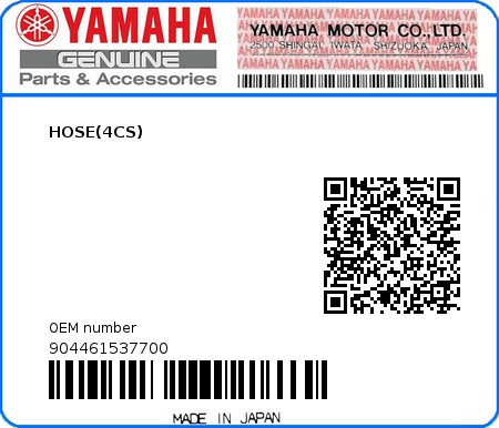 Product image: Yamaha - 904461537700 - HOSE(4CS)  0