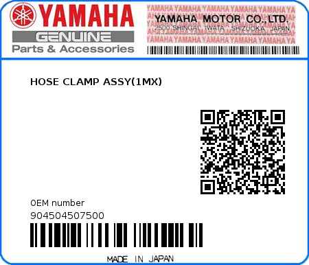 Product image: Yamaha - 904504507500 - HOSE CLAMP ASSY(1MX)  0