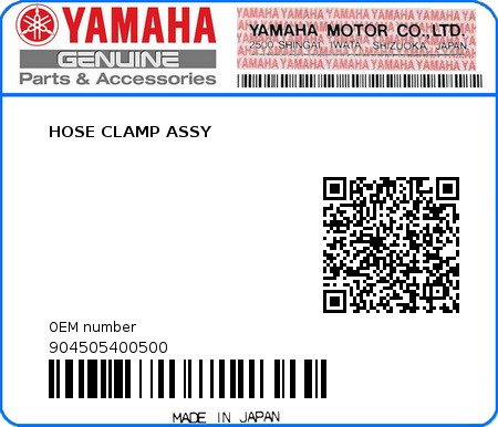 Product image: Yamaha - 904505400500 - HOSE CLAMP ASSY  0