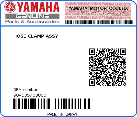 Product image: Yamaha - 904505700800 - HOSE CLAMP ASSY  0