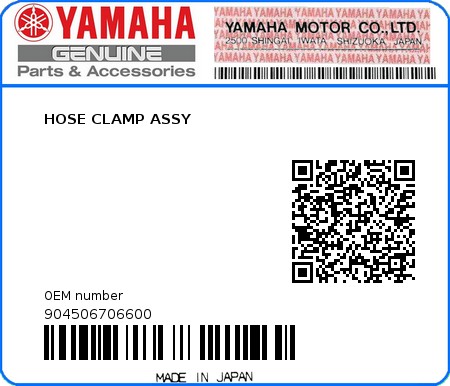 Product image: Yamaha - 904506706600 - HOSE CLAMP ASSY  0