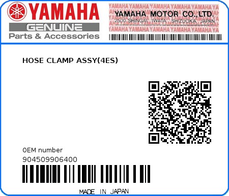 Product image: Yamaha - 904509906400 - HOSE CLAMP ASSY(4ES)  0