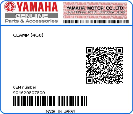Product image: Yamaha - 904620807800 - CLAMP (4G0)  0