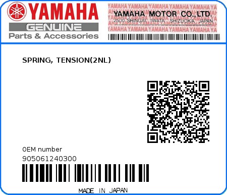 Product image: Yamaha - 905061240300 - SPRING, TENSION(2NL)  0