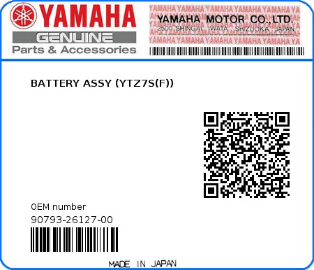 Product image: Yamaha - 90793-26127-00 - BATTERY ASSY (YTZ7S(F))  0