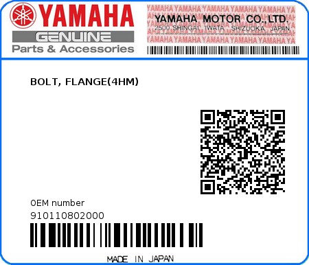 Product image: Yamaha - 910110802000 - BOLT, FLANGE(4HM)  0