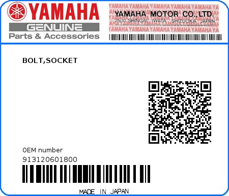 Product image: Yamaha - 913120601800 - BOLT,SOCKET  0
