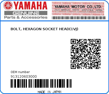 Product image: Yamaha - 913120603000 - BOLT, HEXAGON SOCKET HEAD(1VJ)  0