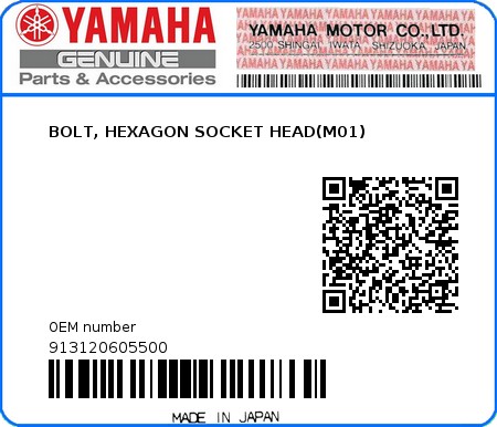 Product image: Yamaha - 913120605500 - BOLT, HEXAGON SOCKET HEAD(M01)  0