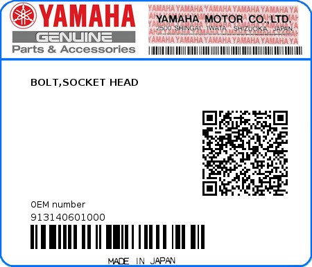 Product image: Yamaha - 913140601000 - BOLT,SOCKET HEAD  0
