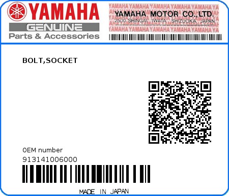 Product image: Yamaha - 913141006000 - BOLT,SOCKET  0