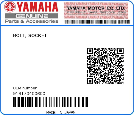 Product image: Yamaha - 913170400600 - BOLT, SOCKET  0