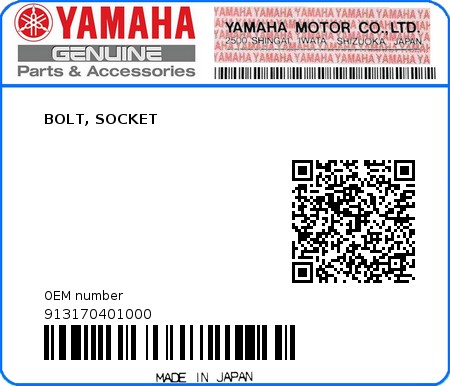 Product image: Yamaha - 913170401000 - BOLT, SOCKET  0