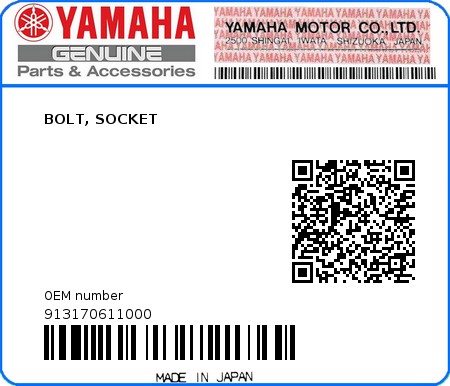 Product image: Yamaha - 913170611000 - BOLT, SOCKET  0