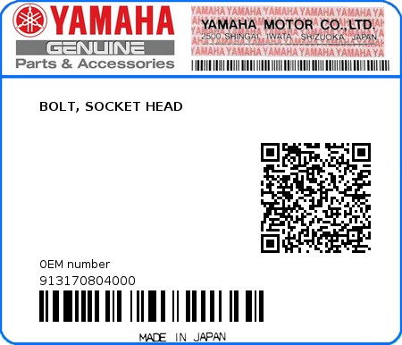 Product image: Yamaha - 913170804000 - BOLT, SOCKET HEAD   0