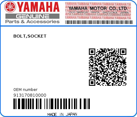 Product image: Yamaha - 913170810000 - BOLT,SOCKET  0