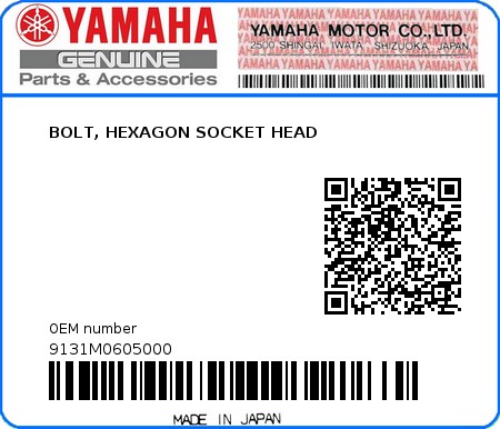 Product image: Yamaha - 9131M0605000 - BOLT, HEXAGON SOCKET HEAD   0