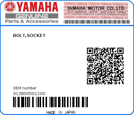 Product image: Yamaha - 913800501200 - BOLT,SOCKET  0