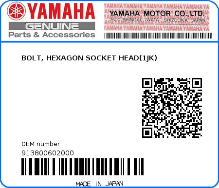 Product image: Yamaha - 913800602000 - BOLT, HEXAGON SOCKET HEAD(1JK)  0