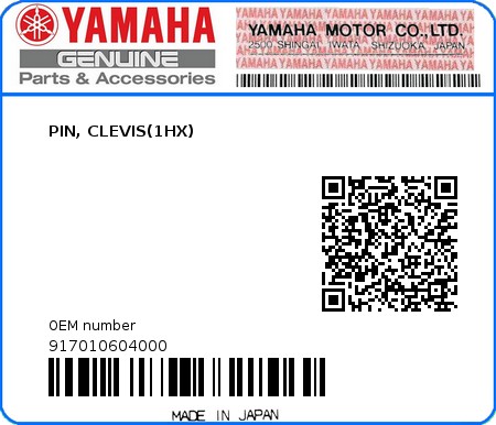 Product image: Yamaha - 917010604000 - PIN, CLEVIS(1HX)  0