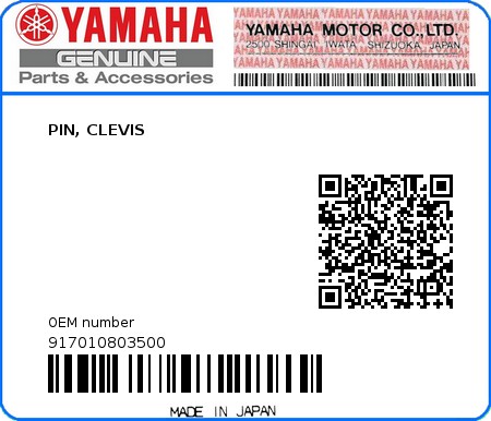 Product image: Yamaha - 917010803500 - PIN, CLEVIS   0