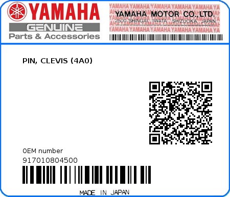 Product image: Yamaha - 917010804500 - PIN, CLEVIS (4A0)  0