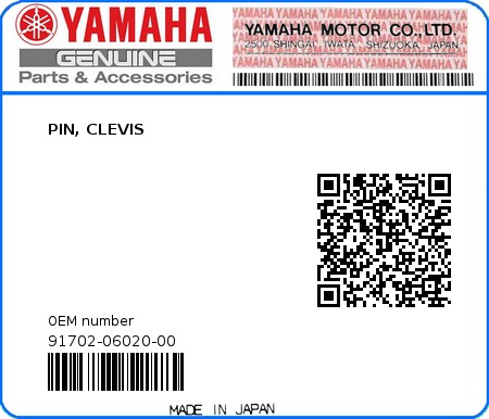 Product image: Yamaha - 91702-06020-00 - PIN, CLEVIS  0
