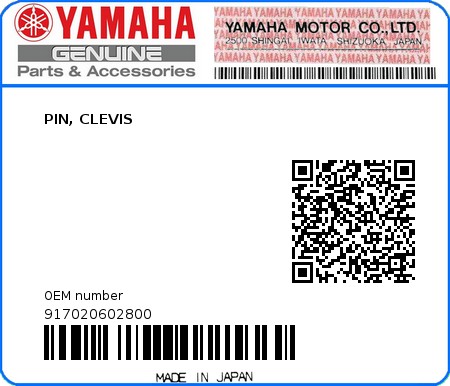 Product image: Yamaha - 917020602800 - PIN, CLEVIS  0