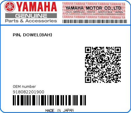 Product image: Yamaha - 918082201900 - PIN, DOWEL(8AH)  0