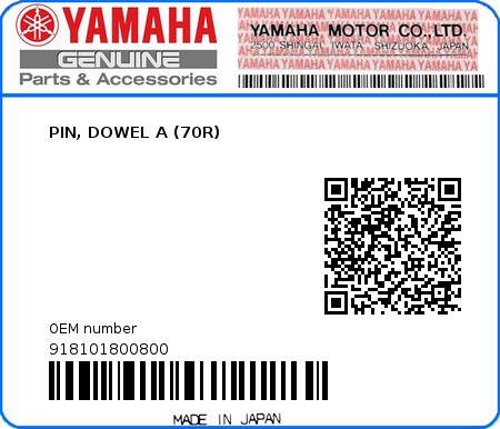 Product image: Yamaha - 918101800800 - PIN, DOWEL A (70R)  0