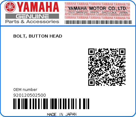 Product image: Yamaha - 920120502500 - BOLT, BUTTON HEAD  0