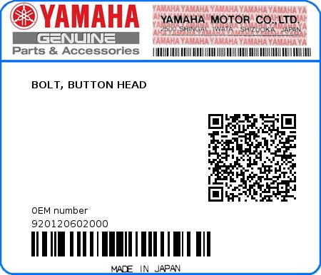 Product image: Yamaha - 920120602000 - BOLT, BUTTON HEAD  0