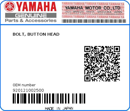 Product image: Yamaha - 920121002500 - BOLT, BUTTON HEAD  0