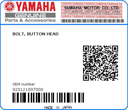 Product image: Yamaha - 920121007000 - BOLT, BUTTON HEAD  0