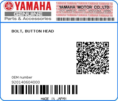 Product image: Yamaha - 920140604000 - BOLT, BUTTON HEAD  0